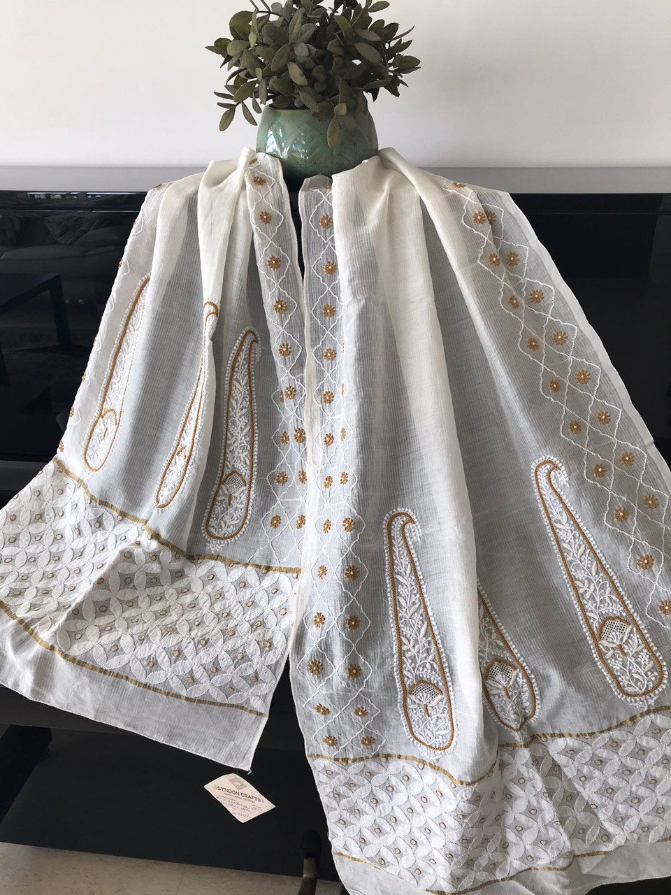 pure handwoven chanderi stole with paisley chikankari and jaali work