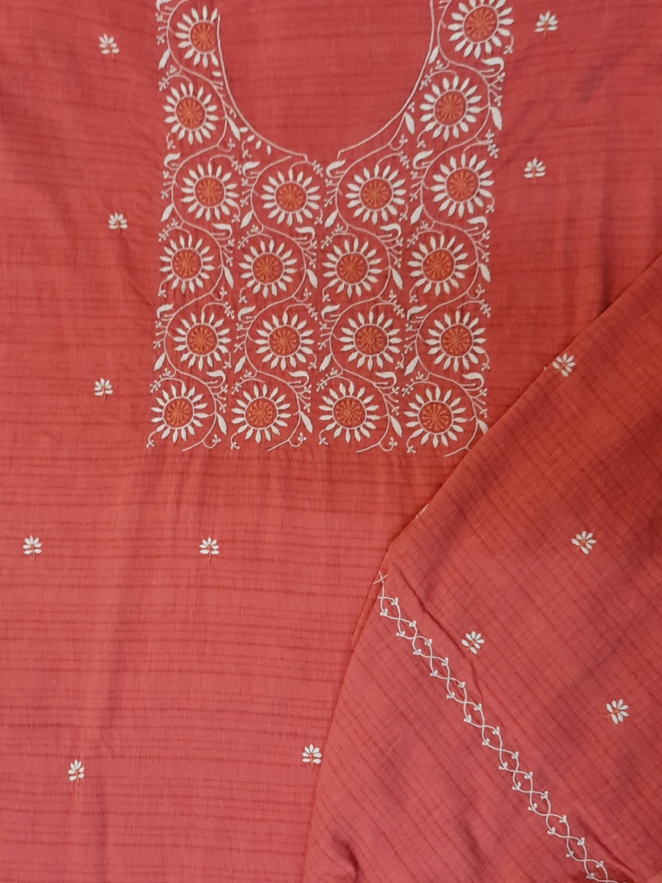 handloom chikankari kurta piece in coral pink